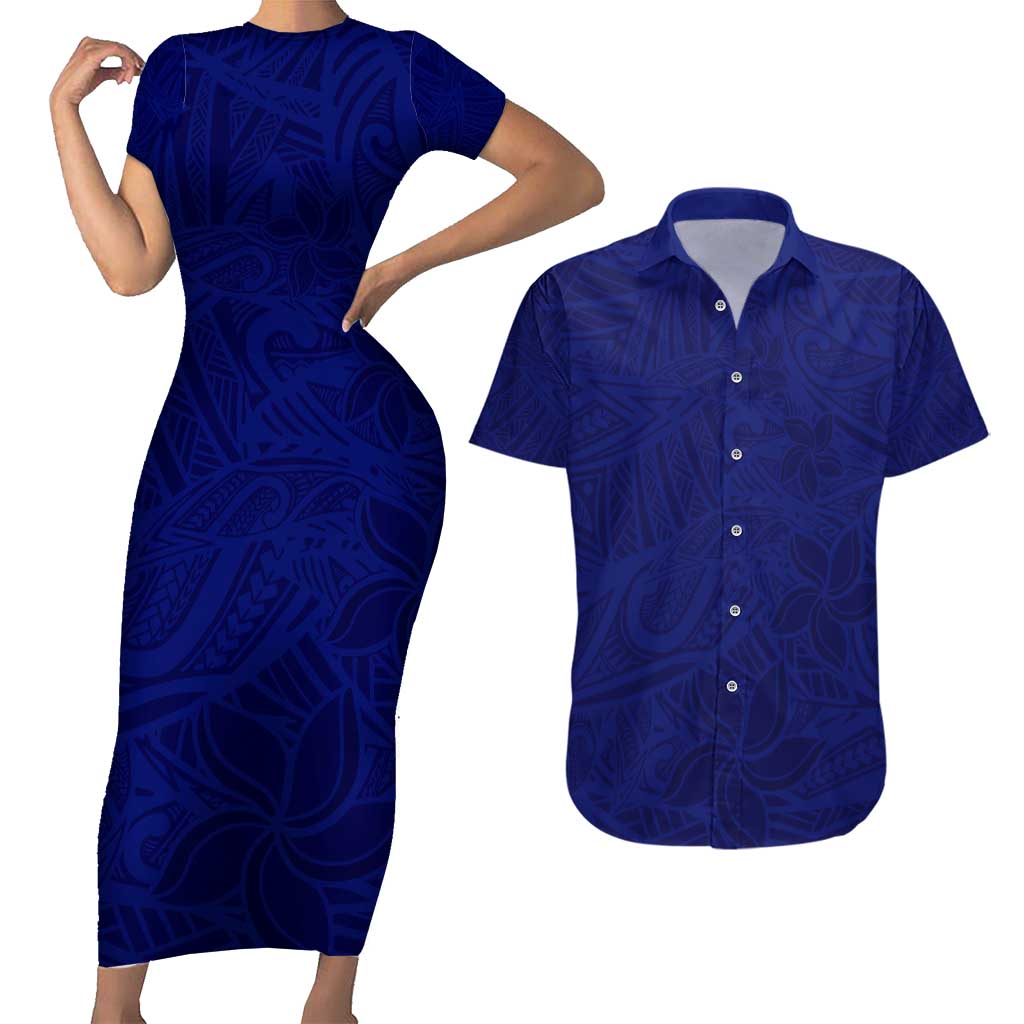 Blue Polynesia Couples Matching Short Sleeve Bodycon Dress and Hawaiian Shirt Polynesian Pattern Mix Plumeria