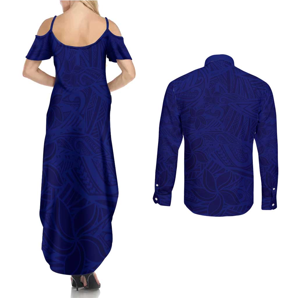 Blue Polynesia Couples Matching Summer Maxi Dress and Long Sleeve Button Shirt Polynesian Pattern Mix Plumeria