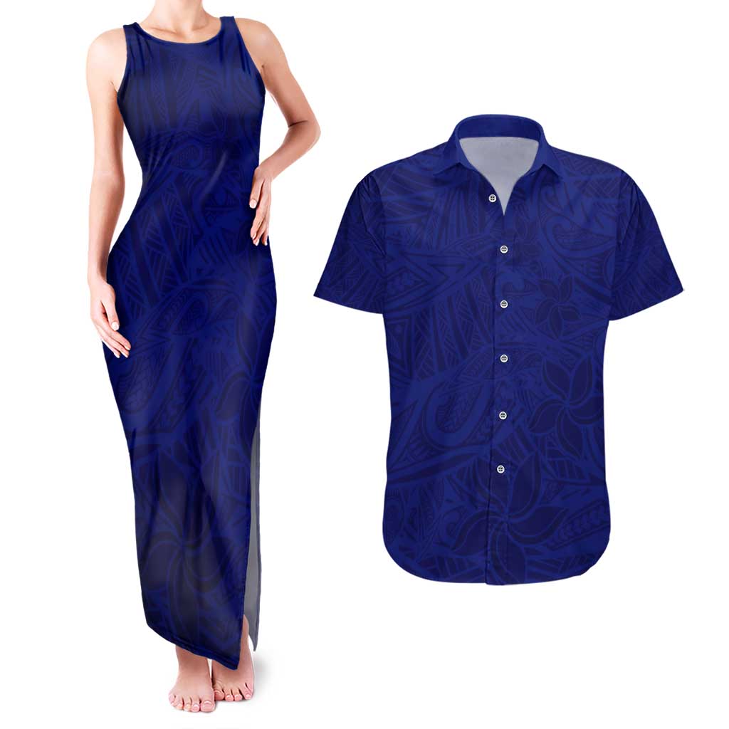 Blue Polynesia Couples Matching Tank Maxi Dress and Hawaiian Shirt Polynesian Pattern Mix Plumeria