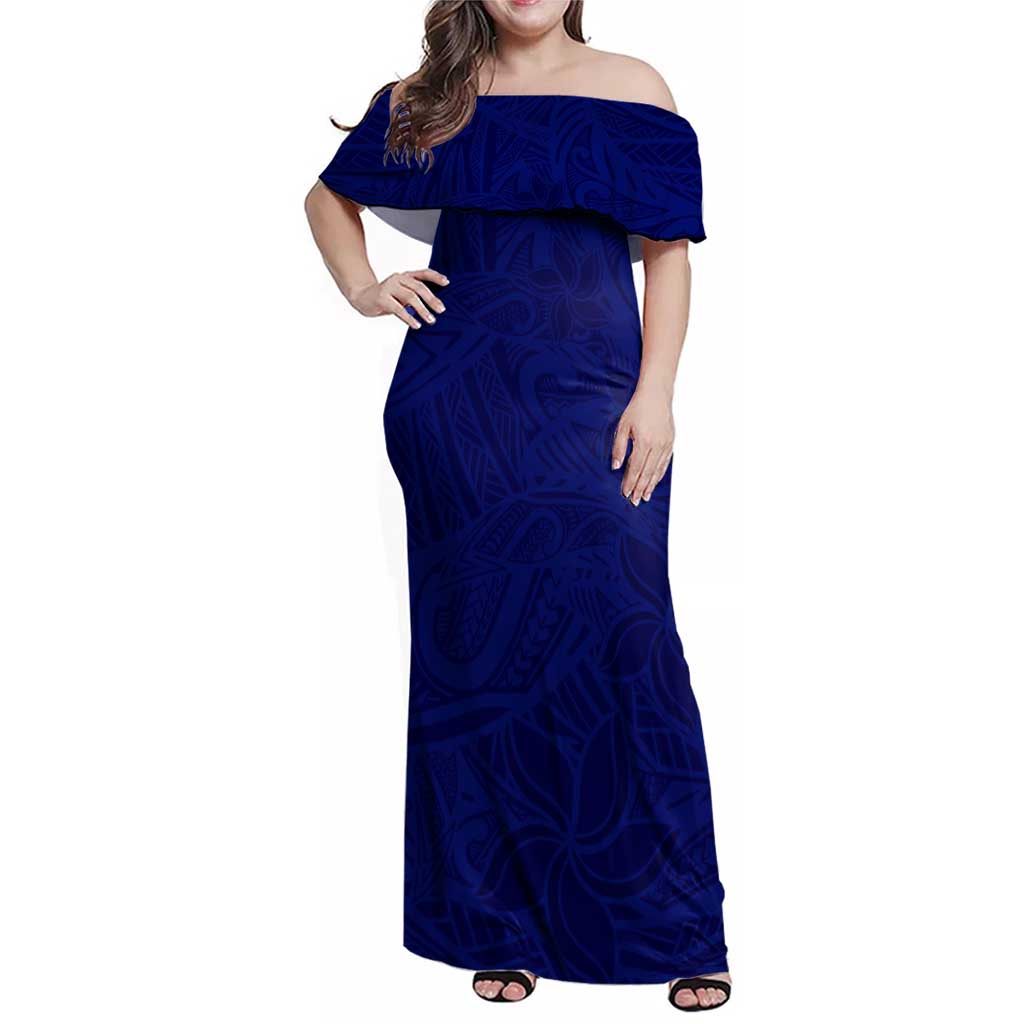 Blue Polynesia Family Matching Off Shoulder Maxi Dress and Hawaiian Shirt Polynesian Pattern Mix Plumeria
