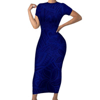 Blue Polynesia Family Matching Short Sleeve Bodycon Dress and Hawaiian Shirt Polynesian Pattern Mix Plumeria LT14 Mom's Dress Blue - Polynesian Pride