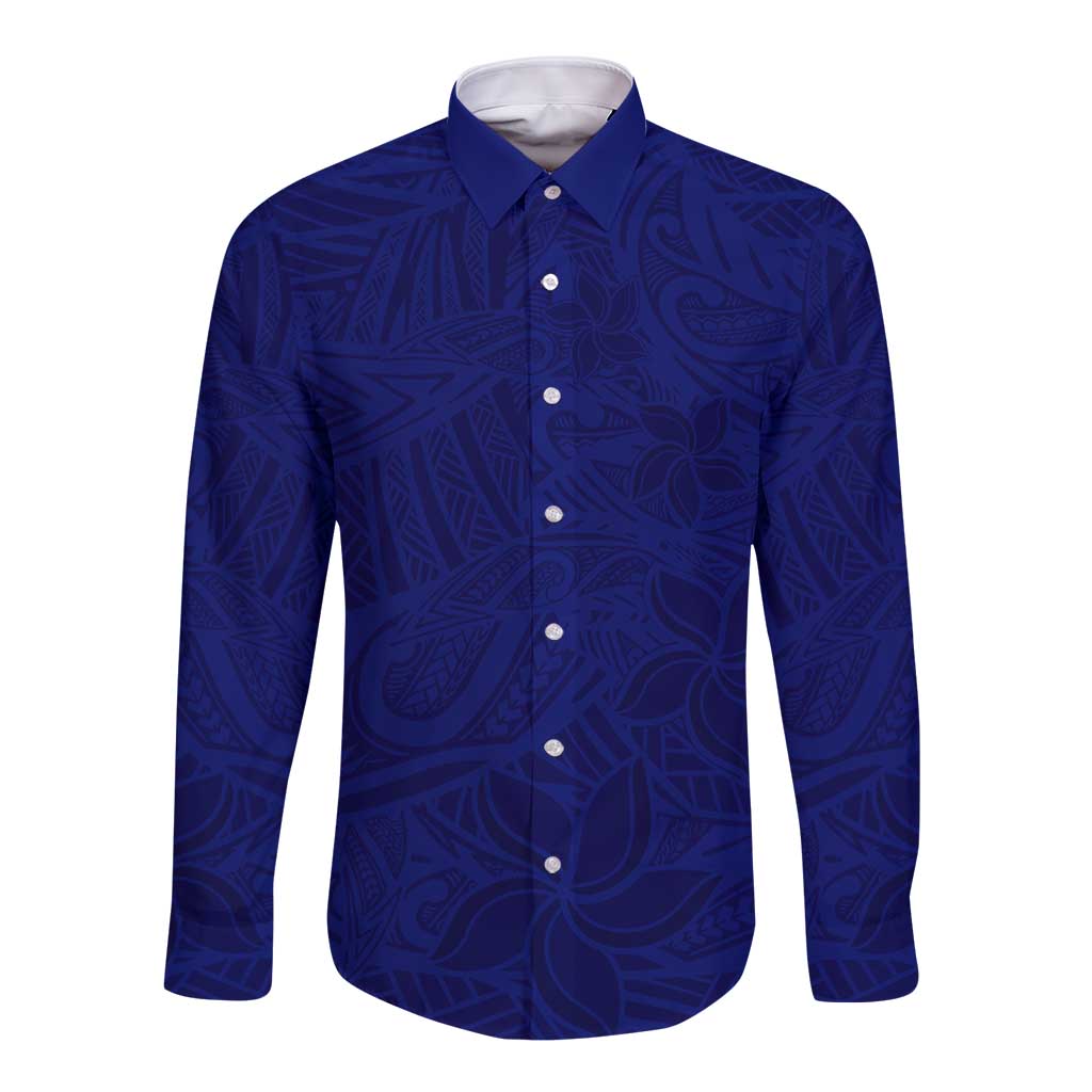 Blue Polynesia Long Sleeve Button Shirt Polynesian Pattern Mix Plumeria