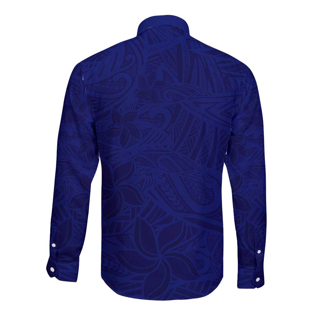 Blue Polynesia Long Sleeve Button Shirt Polynesian Pattern Mix Plumeria