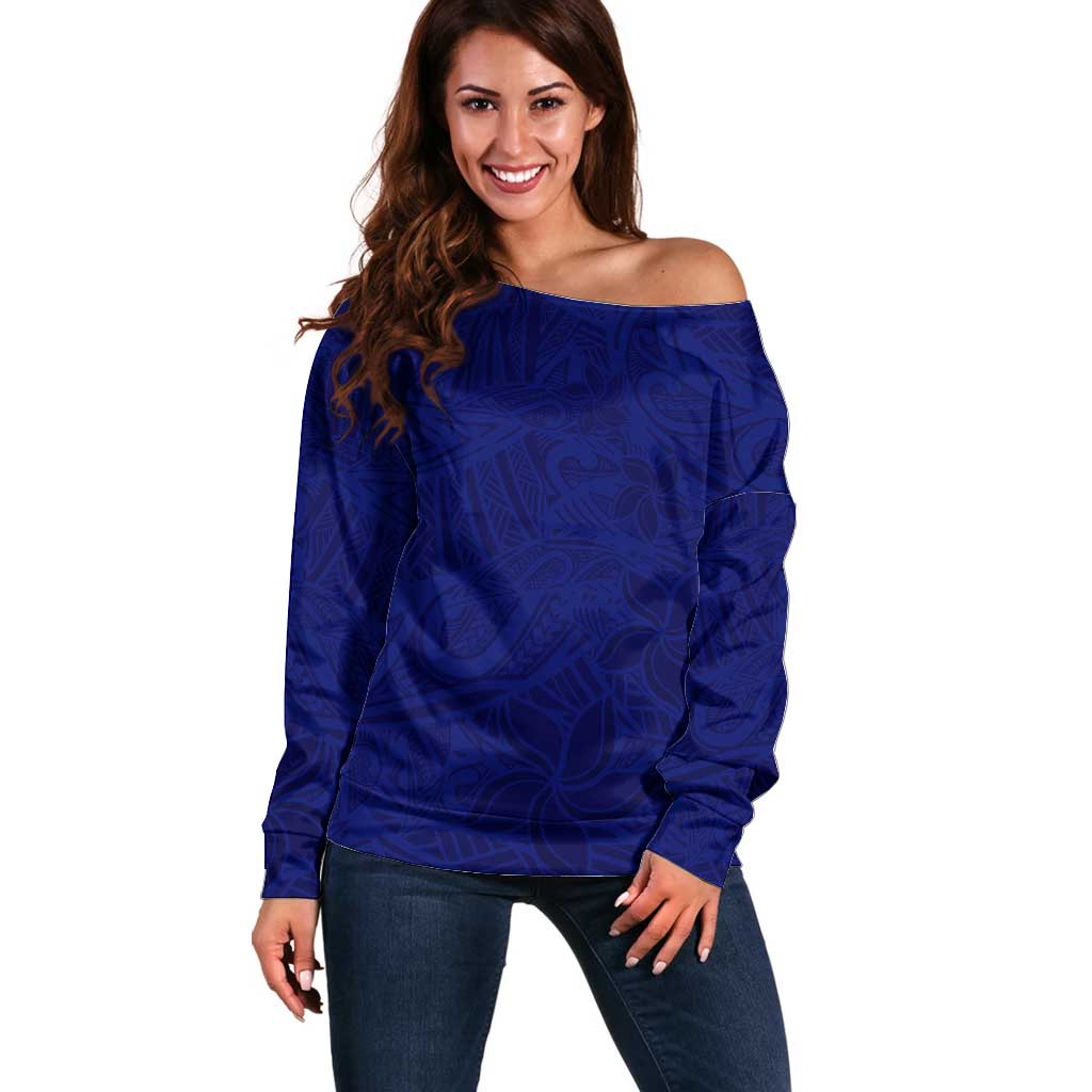 Blue Polynesia Off Shoulder Sweater Polynesian Pattern Mix Plumeria