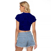 Blue Polynesia Raglan Cropped T Shirt Polynesian Pattern Mix Plumeria LT14 - Polynesian Pride