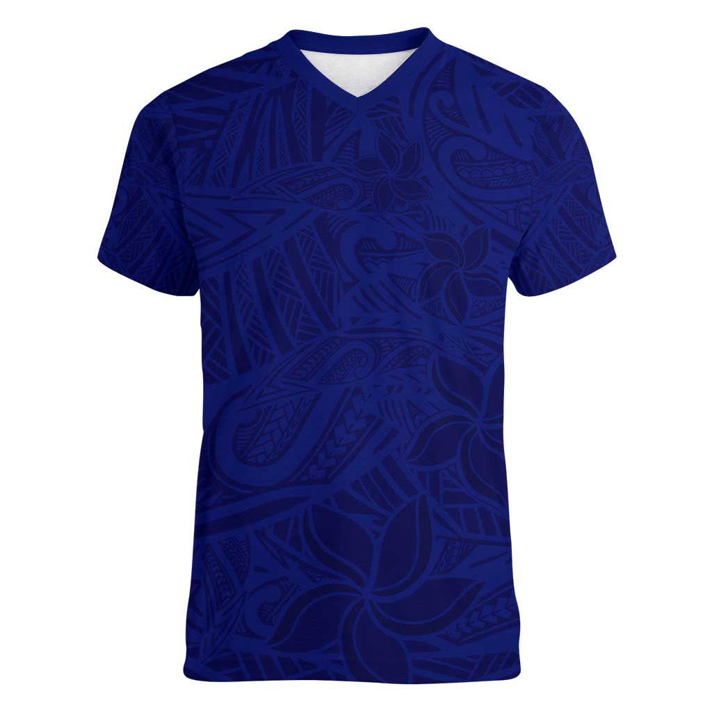 Blue Polynesia Women V-Neck T-Shirt Polynesian Pattern Mix Plumeria LT14 Female Blue - Polynesian Pride