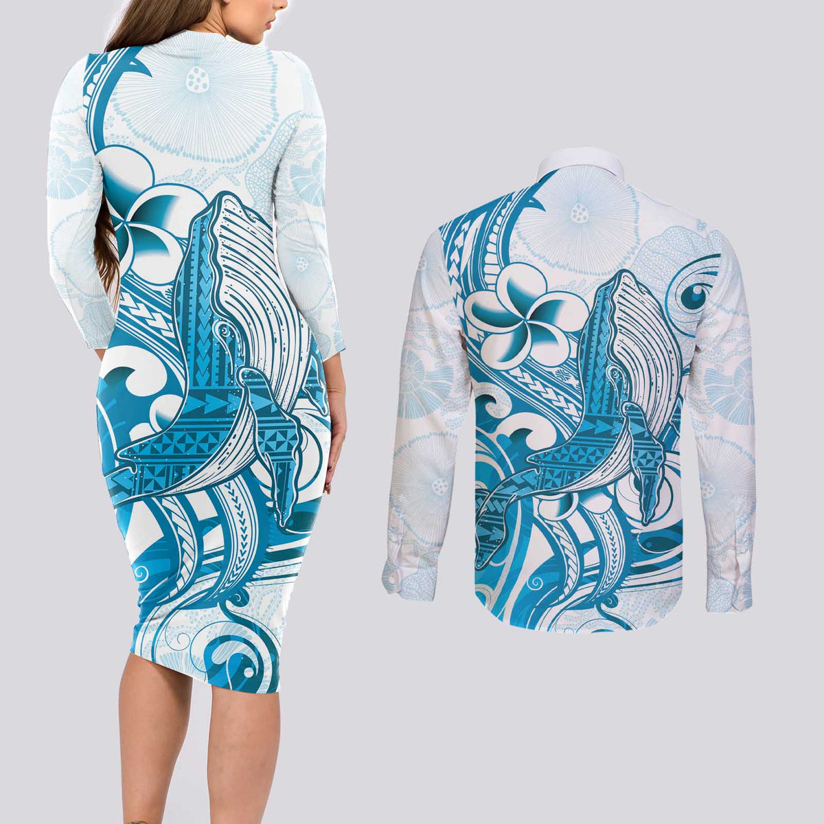 Blue Hawaii Humpback Whale Couples Matching Long Sleeve Bodycon Dress and Long Sleeve Button Shirt Polynesian Tribal Ocean Vibes