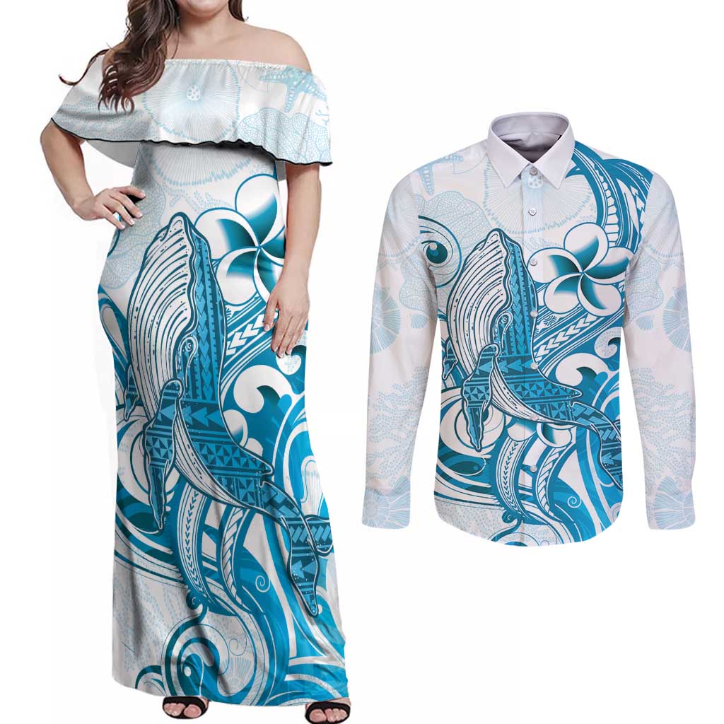 Blue Hawaii Humpback Whale Couples Matching Off Shoulder Maxi Dress and Long Sleeve Button Shirt Polynesian Tribal Ocean Vibes