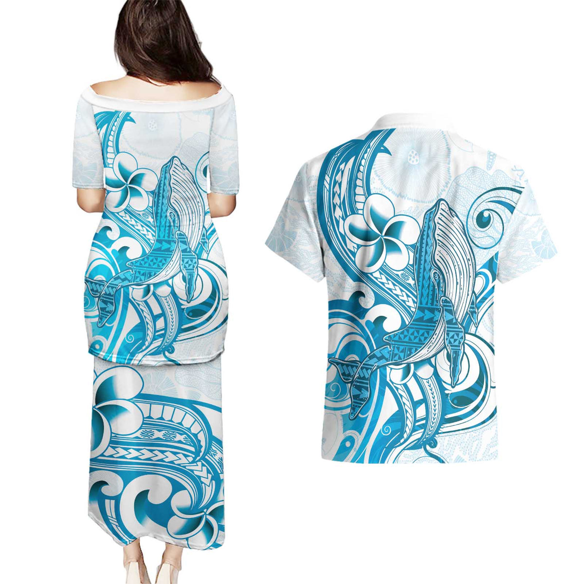 Blue Hawaii Humpback Whale Couples Matching Puletasi and Hawaiian Shirt Polynesian Tribal Ocean Vibes LT14 - Polynesian Pride