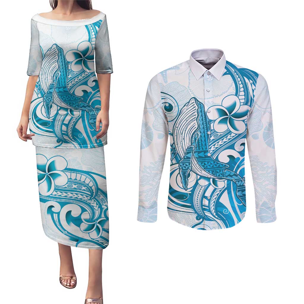 Blue Hawaii Humpback Whale Couples Matching Puletasi and Long Sleeve Button Shirt Polynesian Tribal Ocean Vibes LT14 Blue - Polynesian Pride