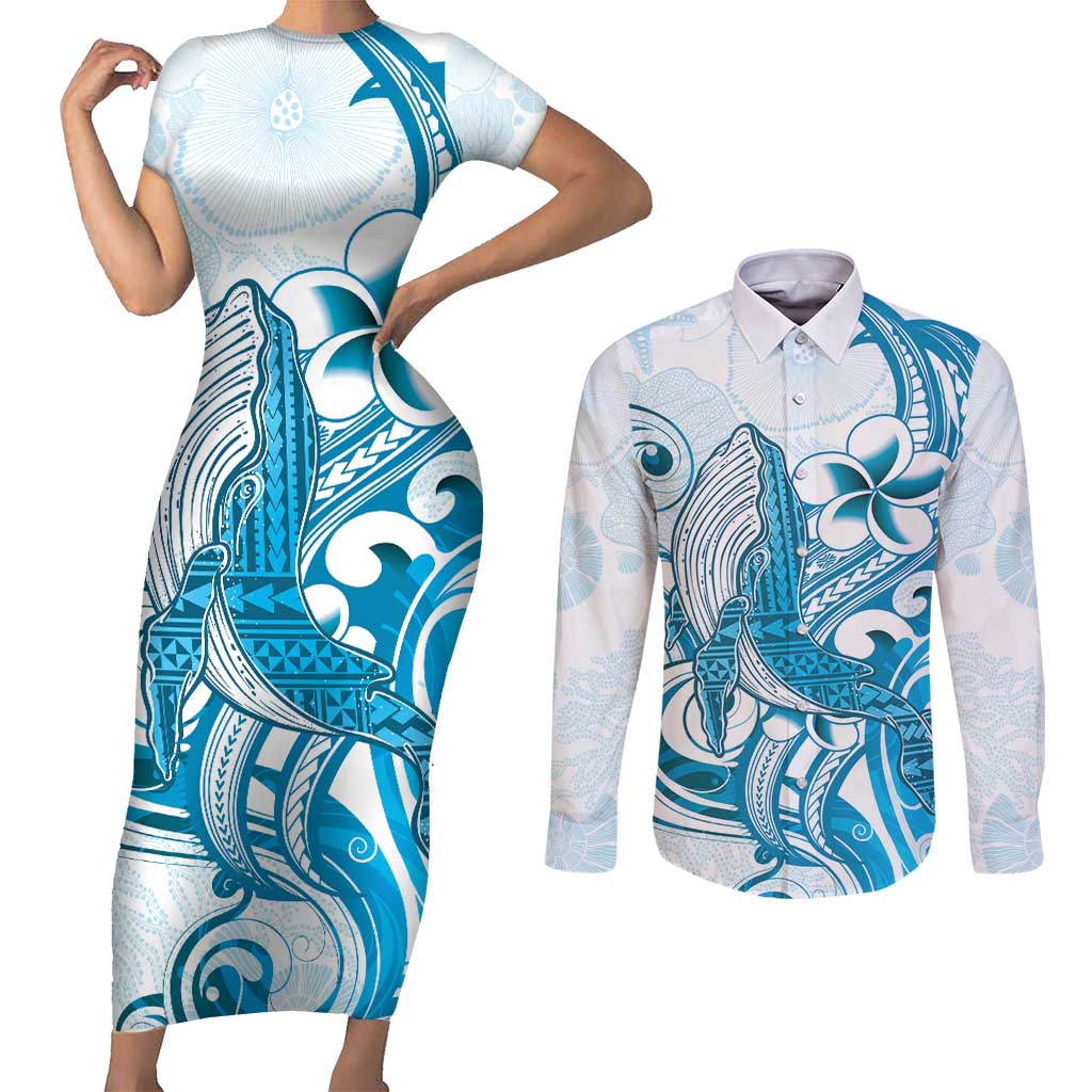 Blue Hawaii Humpback Whale Couples Matching Short Sleeve Bodycon Dress and Long Sleeve Button Shirt Polynesian Tribal Ocean Vibes