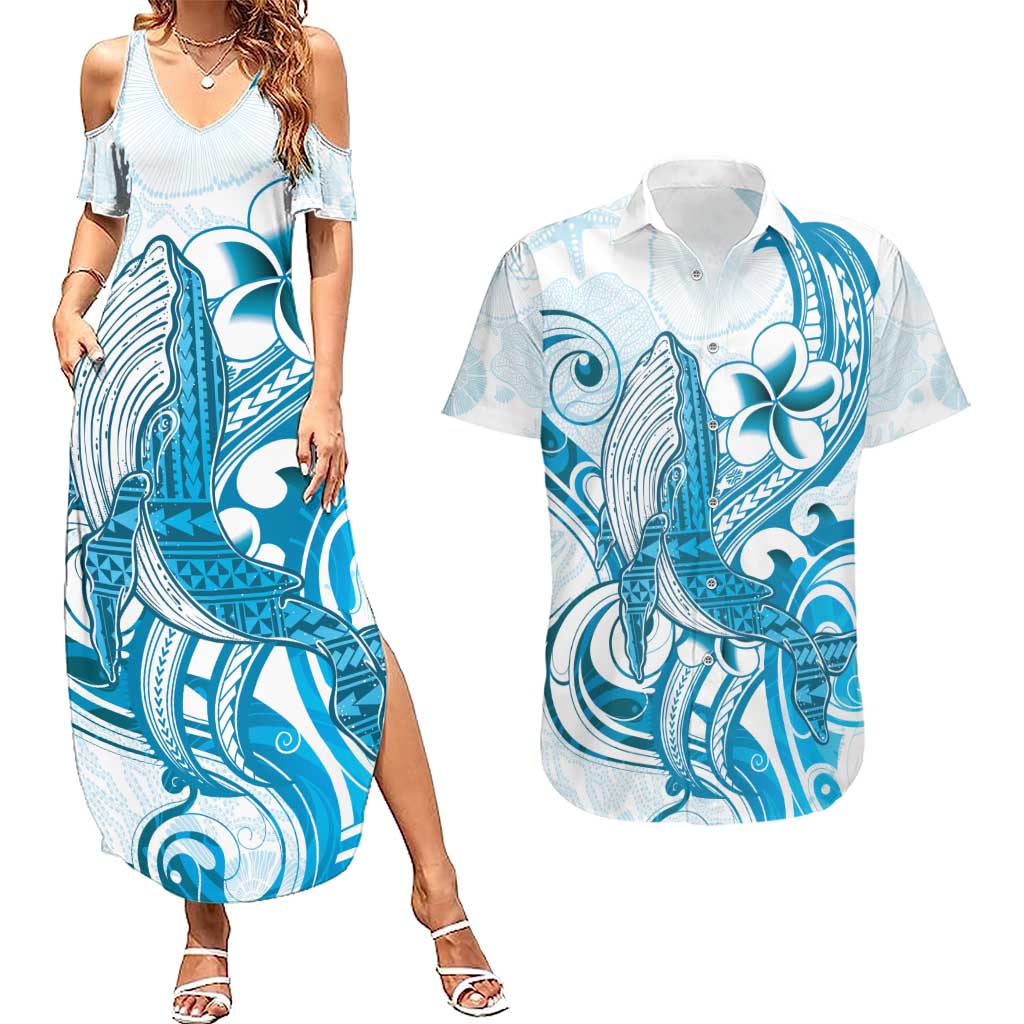 Blue Hawaii Humpback Whale Couples Matching Summer Maxi Dress and Hawaiian Shirt Polynesian Tribal Ocean Vibes