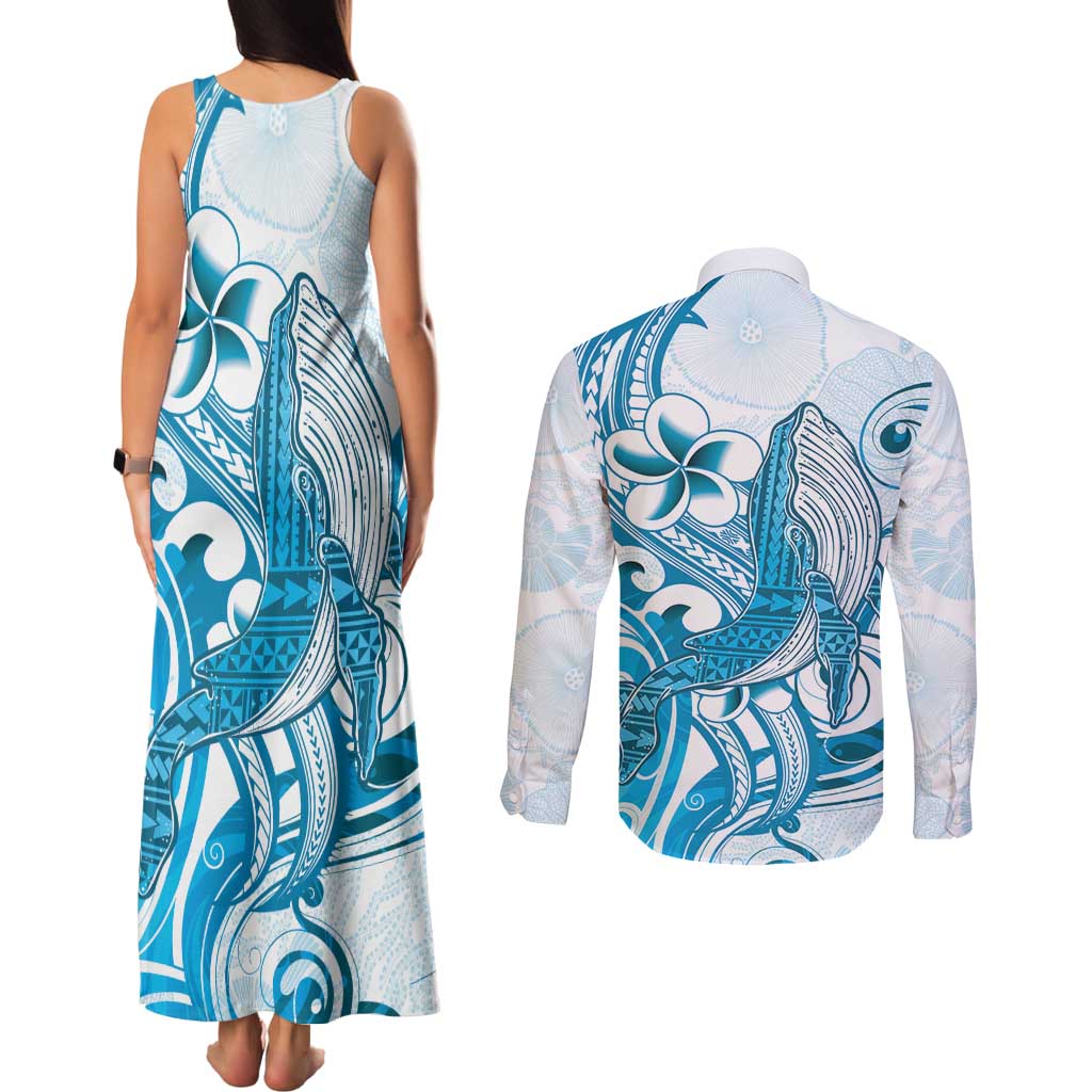 Blue Hawaii Humpback Whale Couples Matching Tank Maxi Dress and Long Sleeve Button Shirt Polynesian Tribal Ocean Vibes
