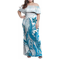 Blue Hawaii Humpback Whale Family Matching Off Shoulder Maxi Dress and Hawaiian Shirt Polynesian Tribal Ocean Vibes
