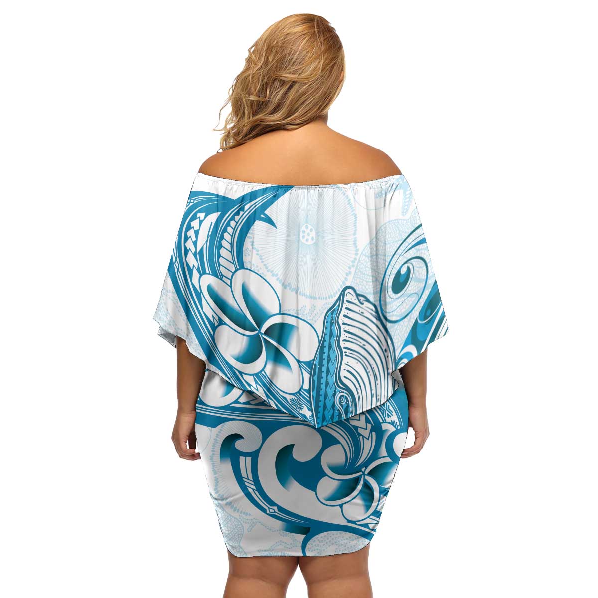 Blue Hawaii Humpback Whale Family Matching Off Shoulder Short Dress and Hawaiian Shirt Polynesian Tribal Ocean Vibes