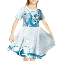 Blue Hawaii Humpback Whale Kid Short Sleeve Dress Polynesian Tribal Ocean Vibes