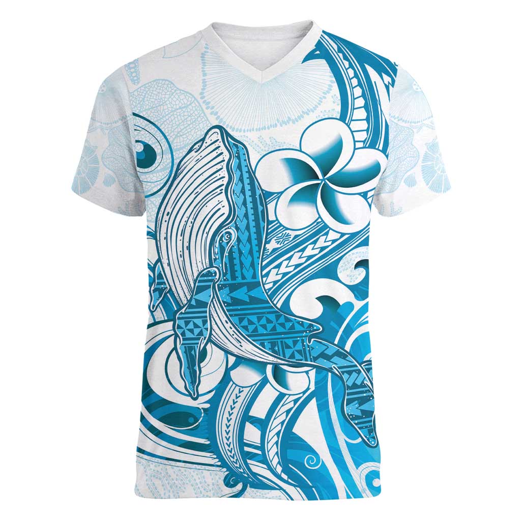 Blue Hawaii Humpback Whale Women V-Neck T-Shirt Polynesian Tribal Ocean Vibes LT14 Female Blue - Polynesian Pride
