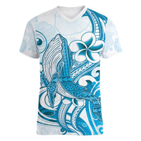 Blue Hawaii Humpback Whale Women V-Neck T-Shirt Polynesian Tribal Ocean Vibes LT14 Female Blue - Polynesian Pride