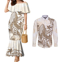 Brown Hawaii Humpback Whale Couples Matching Mermaid Dress and Long Sleeve Button Shirt Polynesian Tribal Ocean Vibes