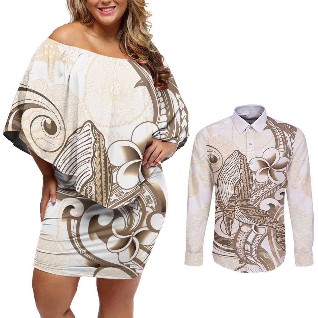 Brown Hawaii Humpback Whale Couples Matching Off Shoulder Short Dress and Long Sleeve Button Shirt Polynesian Tribal Ocean Vibes