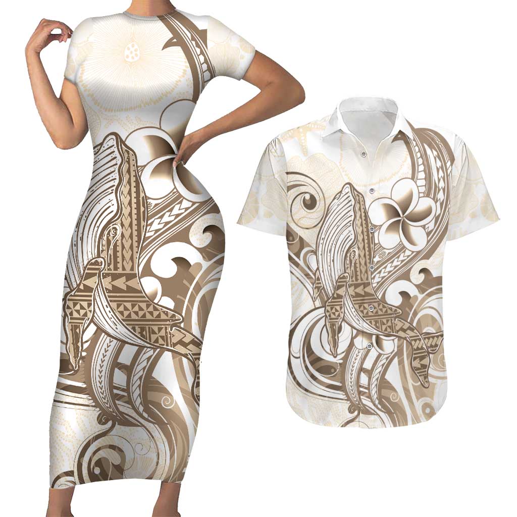 Brown Hawaii Humpback Whale Couples Matching Short Sleeve Bodycon Dress and Hawaiian Shirt Polynesian Tribal Ocean Vibes