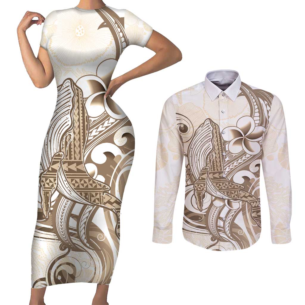 Brown Hawaii Humpback Whale Couples Matching Short Sleeve Bodycon Dress and Long Sleeve Button Shirt Polynesian Tribal Ocean Vibes
