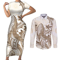 Brown Hawaii Humpback Whale Couples Matching Short Sleeve Bodycon Dress and Long Sleeve Button Shirt Polynesian Tribal Ocean Vibes