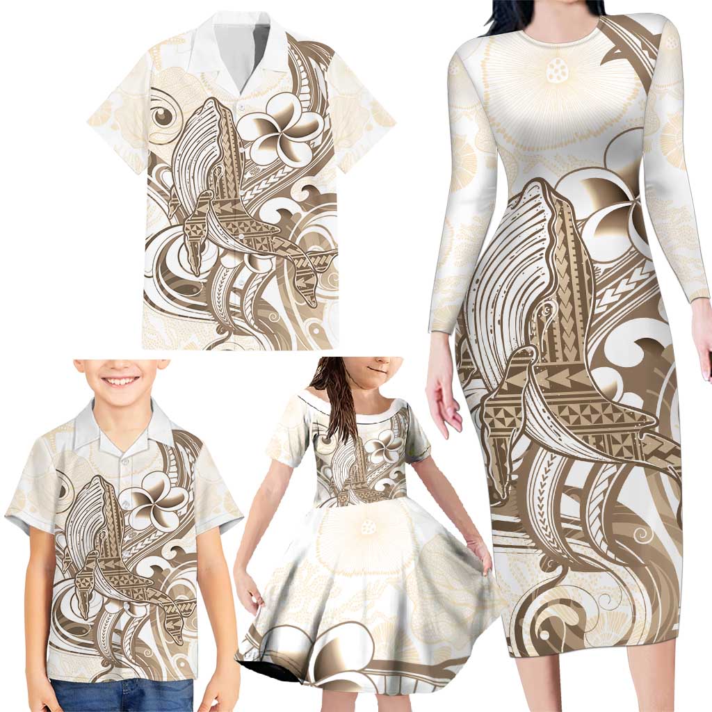 Brown Hawaii Humpback Whale Family Matching Long Sleeve Bodycon Dress and Hawaiian Shirt Polynesian Tribal Ocean Vibes