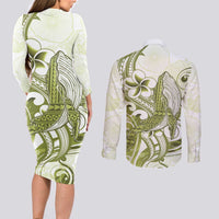 Lime Green Hawaii Couples Matching Long Sleeve Bodycon Dress and Long Sleeve Button Shirt Humpback Whale Tattoo Polynesian Tribal Ocean Vibes