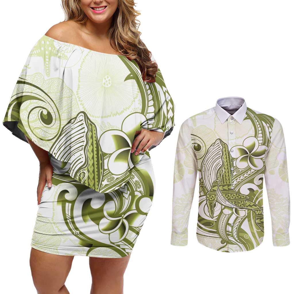 Lime Green Hawaii Couples Matching Off Shoulder Short Dress and Long Sleeve Button Shirt Humpback Whale Tattoo Polynesian Tribal Ocean Vibes