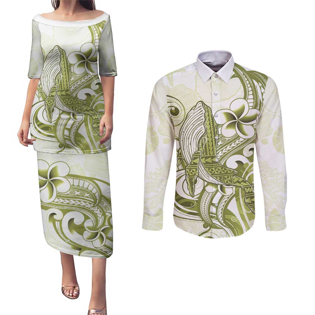 Lime Green Hawaii Couples Matching Puletasi and Long Sleeve Button Shirt Humpback Whale Tattoo Polynesian Tribal Ocean Vibes LT14 Lime Green - Polynesian Pride