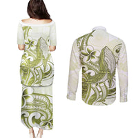 Lime Green Hawaii Couples Matching Puletasi and Long Sleeve Button Shirt Humpback Whale Tattoo Polynesian Tribal Ocean Vibes LT14 - Polynesian Pride