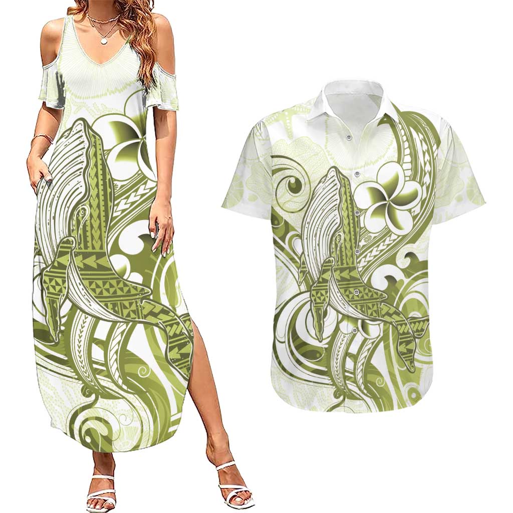 Lime Green Hawaii Couples Matching Summer Maxi Dress and Hawaiian Shirt Humpback Whale Tattoo Polynesian Tribal Ocean Vibes