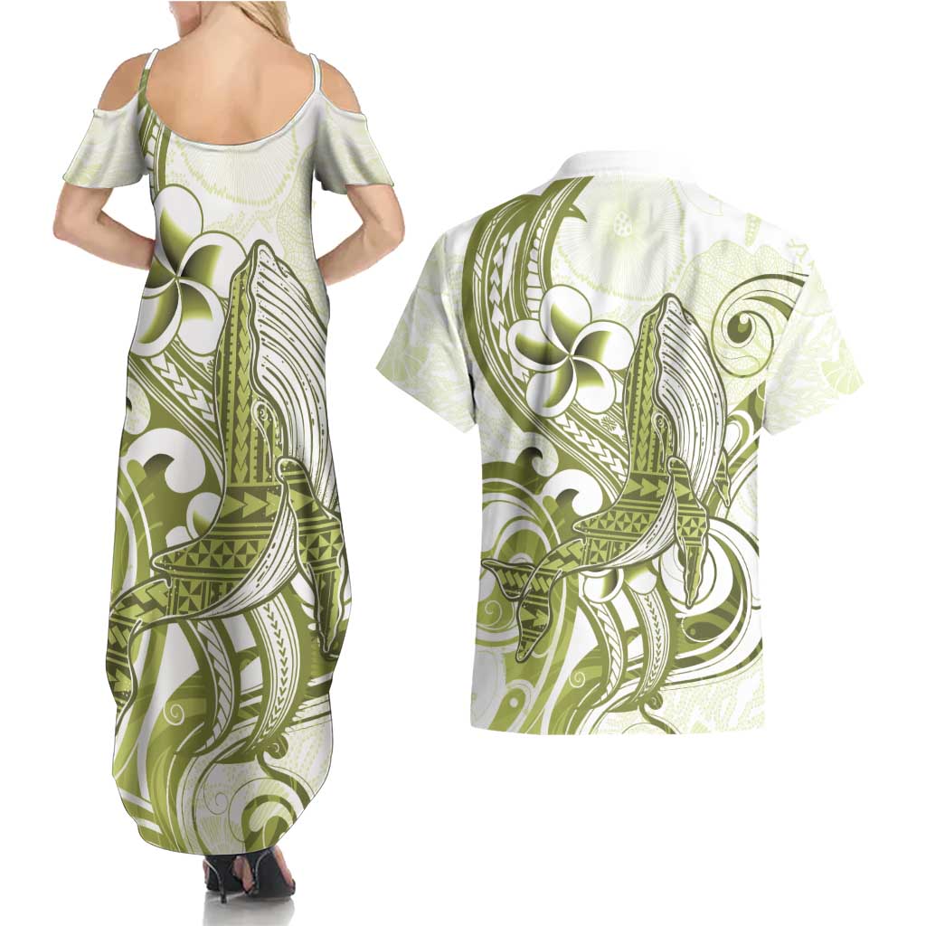 Lime Green Hawaii Couples Matching Summer Maxi Dress and Hawaiian Shirt Humpback Whale Tattoo Polynesian Tribal Ocean Vibes