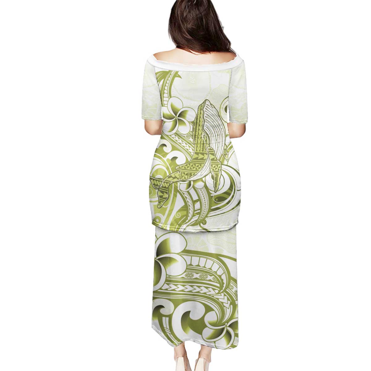 Lime Green Hawaii Family Matching Puletasi and Hawaiian Shirt Humpback Whale Tattoo Polynesian Tribal Ocean Vibes