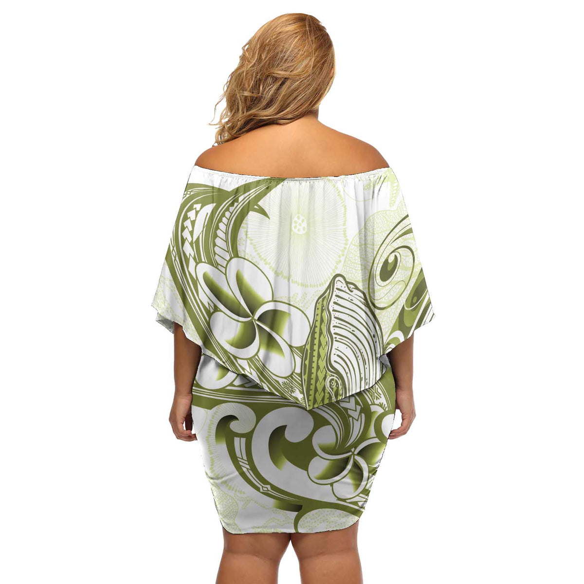 Lime Green Hawaii Off Shoulder Short Dress Humpback Whale Tattoo Polynesian Tribal Ocean Vibes