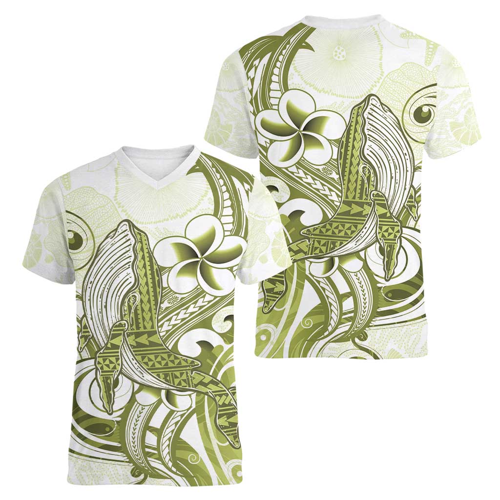 Lime Green Hawaii Women V-Neck T-Shirt Humpback Whale Tattoo Polynesian Tribal Ocean Vibes LT14 - Polynesian Pride