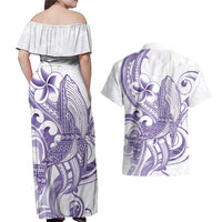 Purple Hawaii Couples Matching Off Shoulder Maxi Dress and Hawaiian Shirt Humpback Whale Tattoo Polynesian Tribal Ocean Vibes