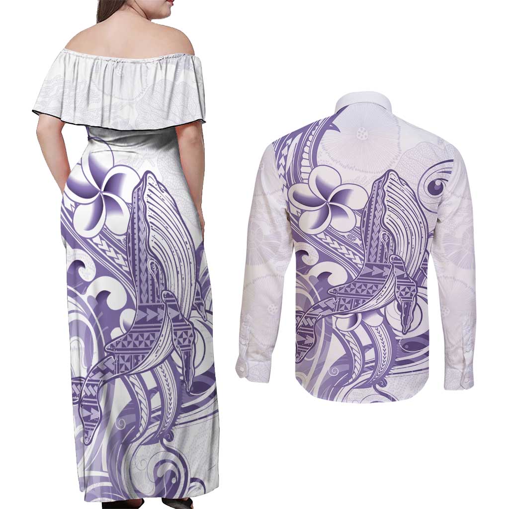 Purple Hawaii Couples Matching Off Shoulder Maxi Dress and Long Sleeve Button Shirt Humpback Whale Tattoo Polynesian Tribal Ocean Vibes