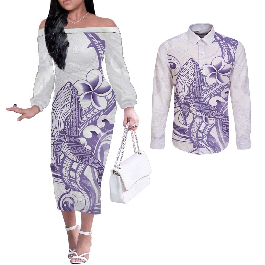 Purple Hawaii Couples Matching Off The Shoulder Long Sleeve Dress and Long Sleeve Button Shirt Humpback Whale Tattoo Polynesian Tribal Ocean Vibes