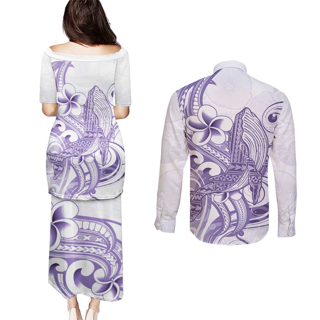Purple Hawaii Couples Matching Puletasi and Long Sleeve Button Shirt Humpback Whale Tattoo Polynesian Tribal Ocean Vibes LT14 - Polynesian Pride