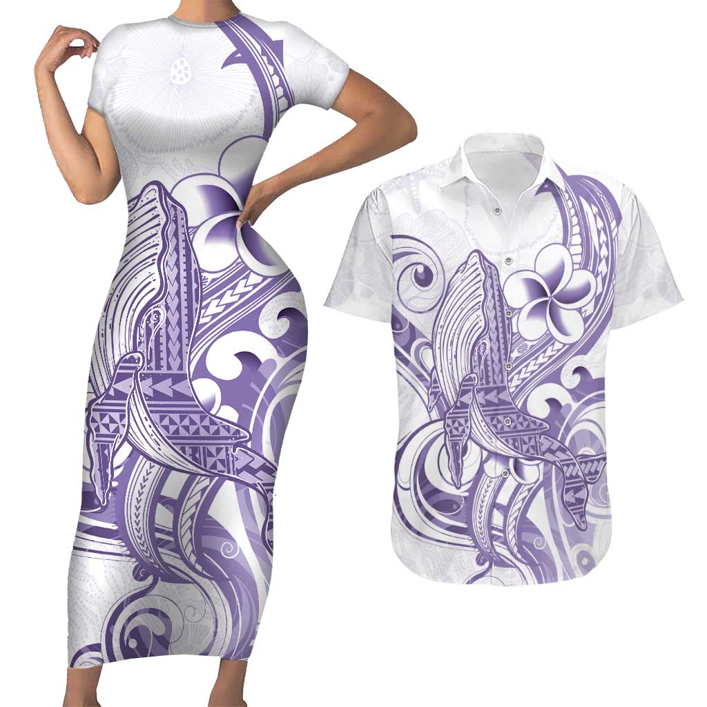 Purple Hawaii Couples Matching Short Sleeve Bodycon Dress and Hawaiian Shirt Humpback Whale Tattoo Polynesian Tribal Ocean Vibes