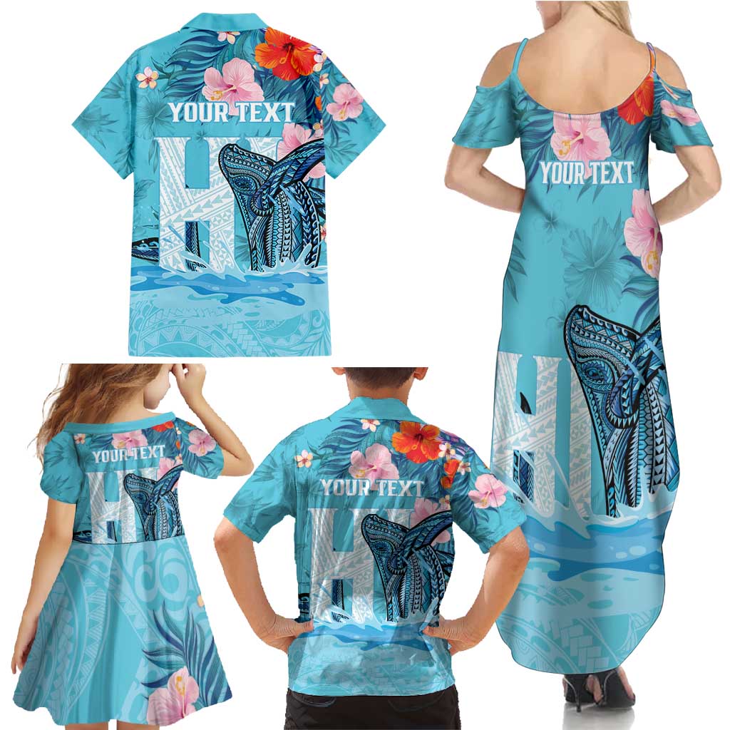 Personalised Hawaii Family Matching Summer Maxi Dress and Hawaiian Shirt Humpback Whale Tattoo With Tropical Flowers