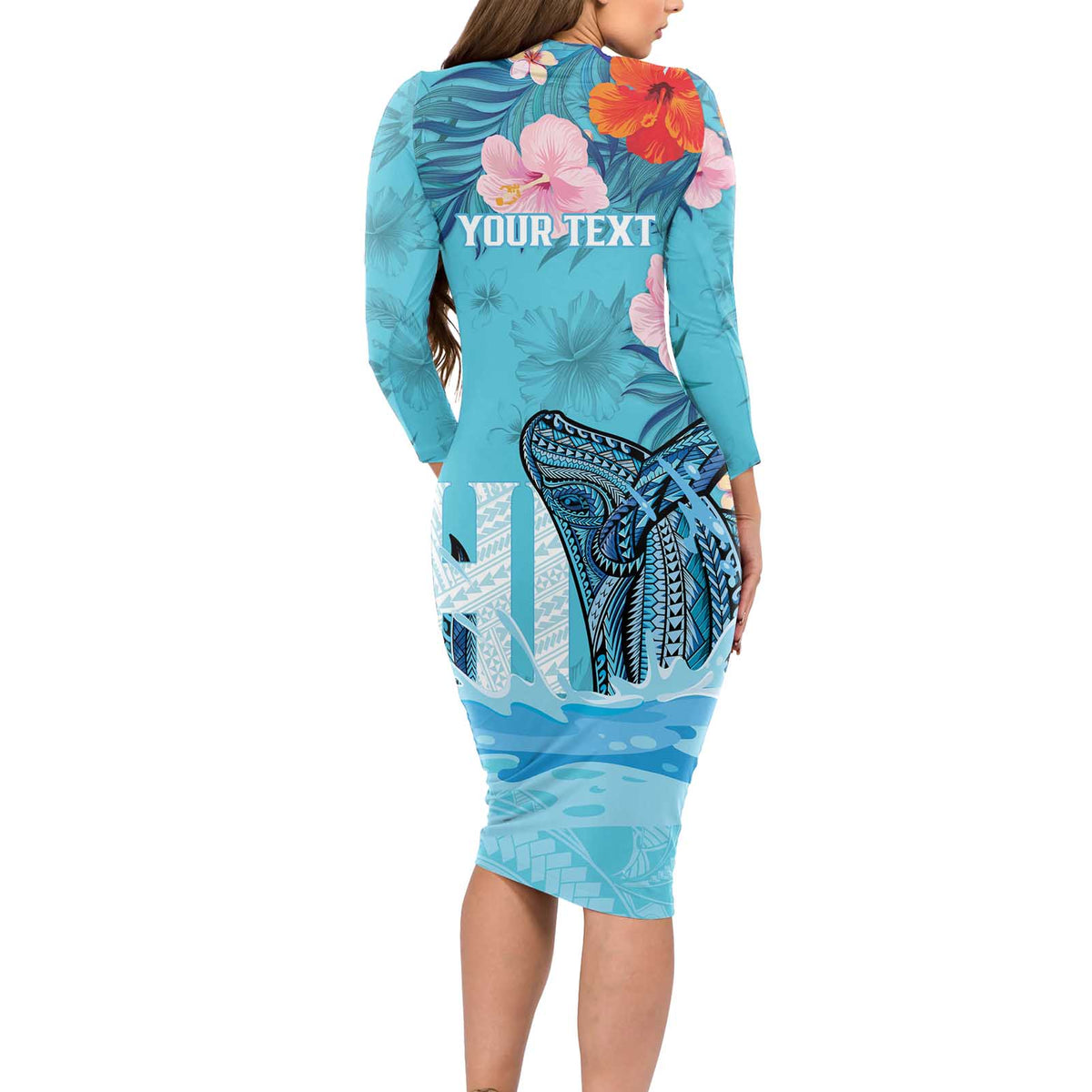 Personalised Hawaii Long Sleeve Bodycon Dress Humpback Whale Tattoo With Tropical Flowers