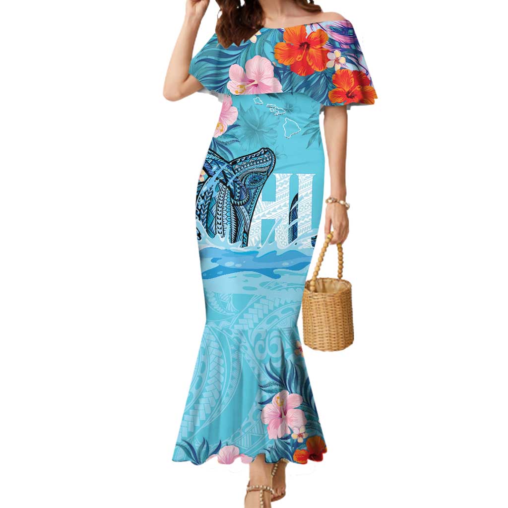 Personalised Hawaii Mermaid Dress Humpback Whale Tattoo With Tropical Flowers