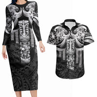 Tiki Drum Hawaii Couples Matching Long Sleeve Bodycon Dress and Hawaiian Shirt Hawaiian Kakau Tattoo Style