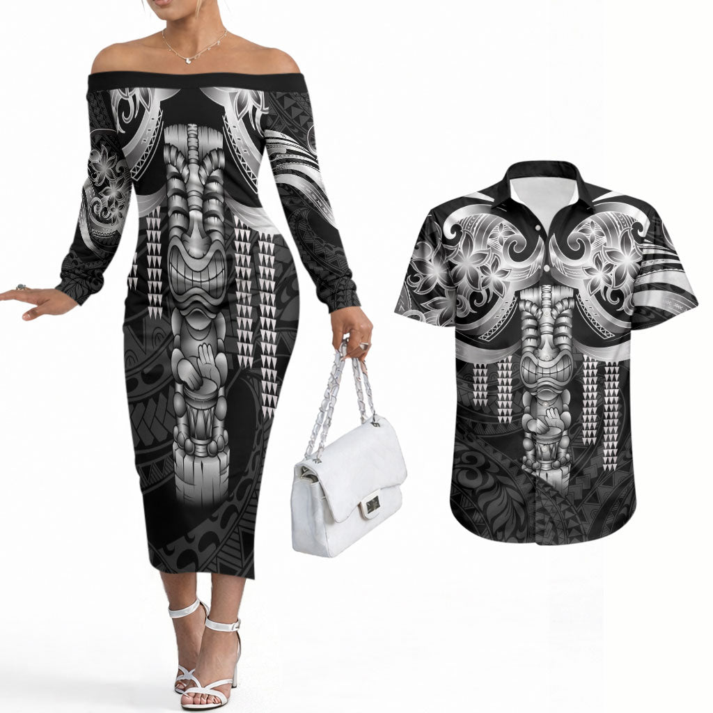 Tiki Drum Hawaii Couples Matching Off The Shoulder Long Sleeve Dress and Hawaiian Shirt Hawaiian Kakau Tattoo Style