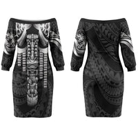 Tiki Drum Hawaii Couples Matching Off The Shoulder Long Sleeve Dress and Hawaiian Shirt Hawaiian Kakau Tattoo Style