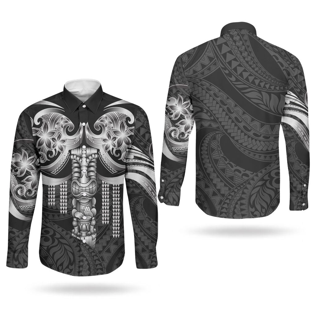 Tiki Drum Hawaii Couples Matching Puletasi and Long Sleeve Button Shirt Hawaiian Kakau Tattoo Style