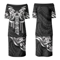 Tiki Drum Hawaii Couples Matching Puletasi and Long Sleeve Button Shirt Hawaiian Kakau Tattoo Style